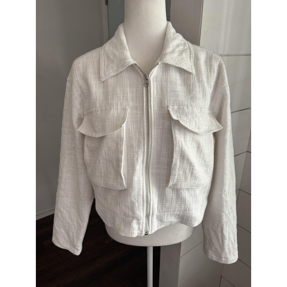Abercrombie & Fitch Jacket Womens Large‎ White Textured Cropped Zip Minimalist